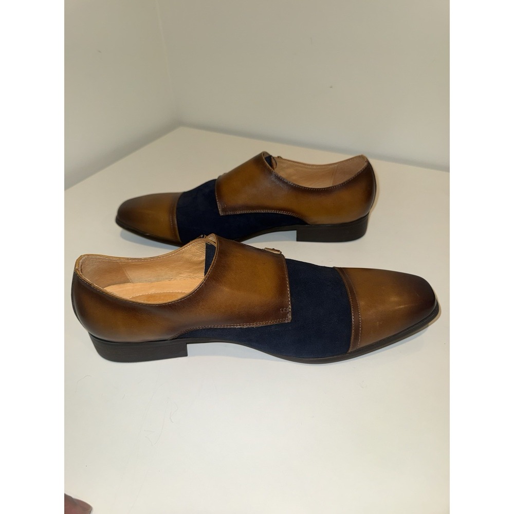 Carrucci Men's 13 Wingtip Double Monk Strap Shoes Two Tone Navy Brown Leather - Picture 8 of 10